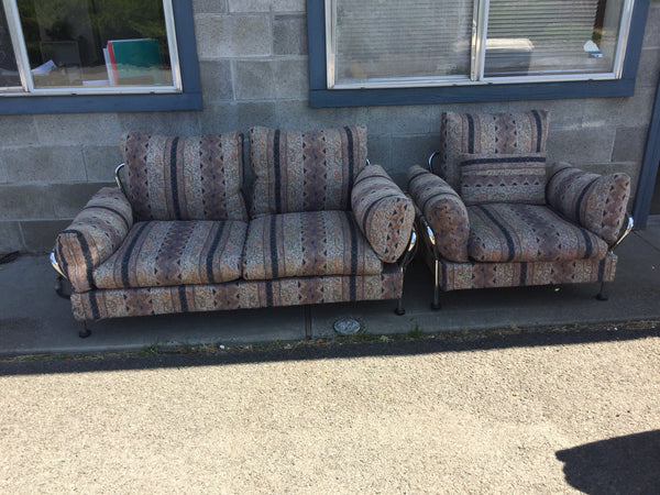 Mid Century Modern Tubular Chrome Sling-Back Loveseat and Chair Set with loose seat and back cushions