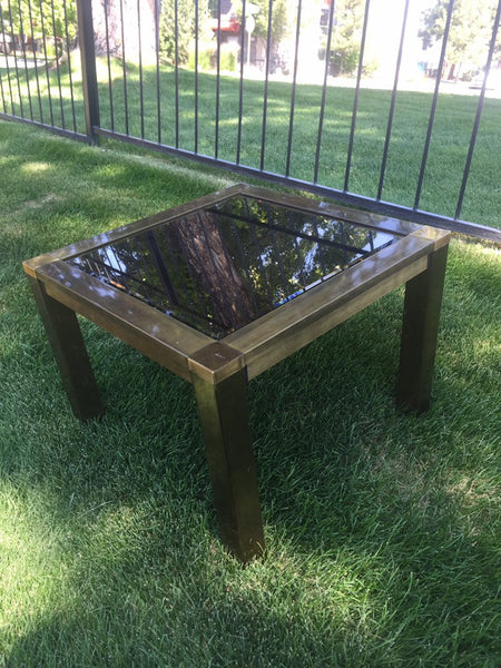 Milo Baughman Hollywood Regency Brushed Brass Side Table with bronzed Glass Mirror Top