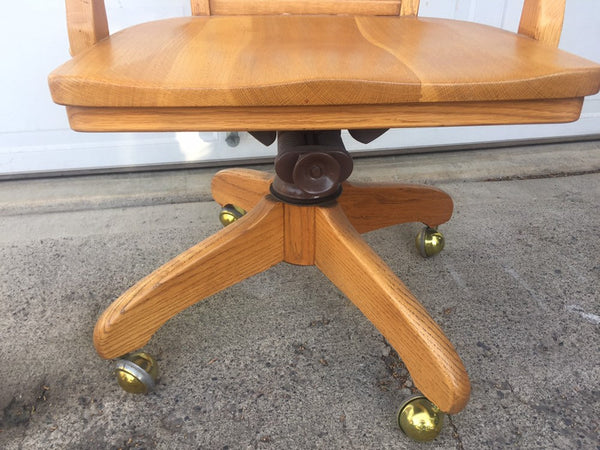 Solid Oak Vintage Office Executive Chair Antique Rolling Swivel Bankers Chair, Library Lawyer Casters