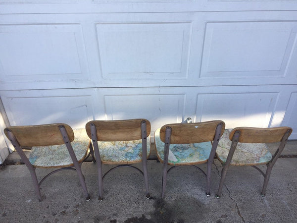 Set of 4 Mid-Century 1950's Child's School Chair Vintage School Chair Child Size Beige Metal/ Map Covered Wood Seat and Back