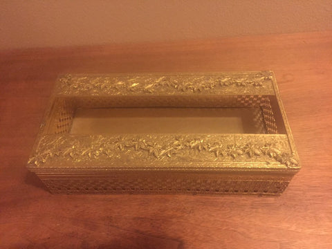 Vintage Gold Tissue Box Holder, vanity accessories, tissue holder Gold Brass Filigree Tissue Box, Hollywood Regency, Kleenex Box Holder