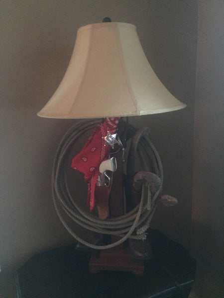 Rustic Western Country Tall Table Lamp- Cowboy boots, lasso, bandanna, rattlesnake- Unique!