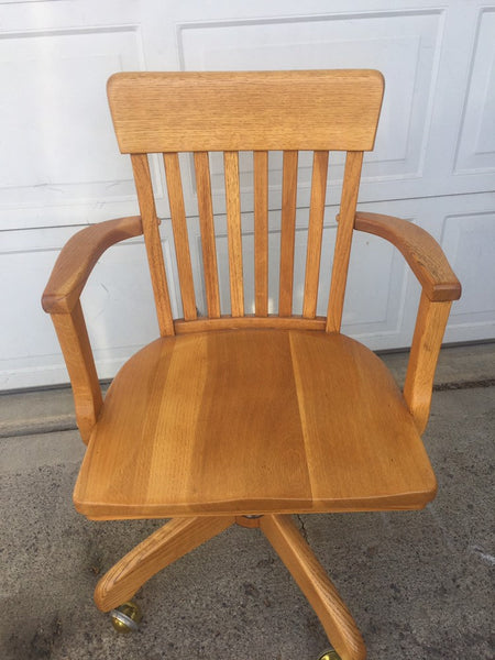 Solid Oak Vintage Office Executive Chair Antique Rolling Swivel Bankers Chair, Library Lawyer Casters