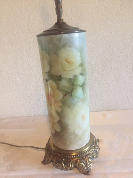 Vintage Hand Painted Roses Ceramic table lamp with brass base and accents - artist signed