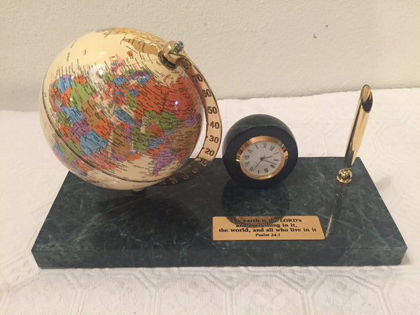 Vintage Executive Desk Set, Globe, Clock & Pen Stand with engraved Bible Verse Plaque
