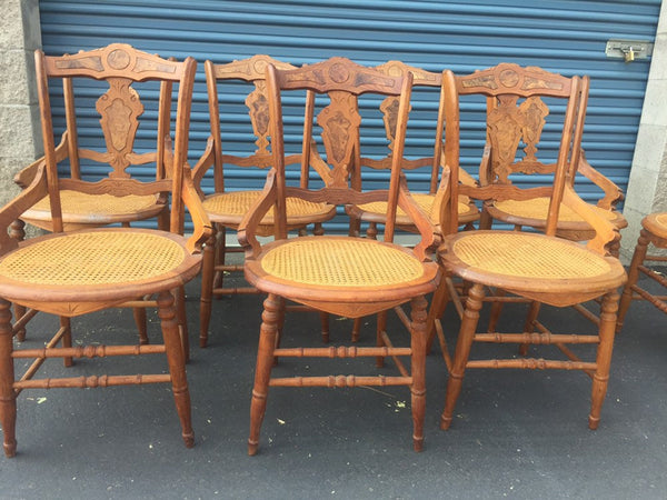 Set of 8 Antique Victorian Hip Rest Cane Seat Maple Chairs