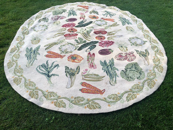 Large Antique Oval Hand Hooked Wool Rug with Vegetables, Primitive Farm country Lodge Primitive Rug, Antique Farmhouse- 69 w x 93 l