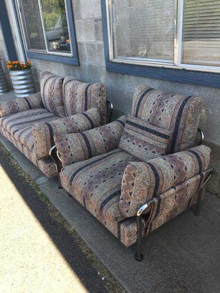 Mid Century Modern Tubular Chrome Sling-Back Loveseat and Chair Set with loose seat and back cushions