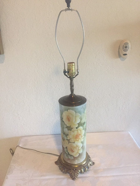 Vintage Hand Painted Roses Ceramic table lamp with brass base and accents - artist signed
