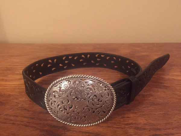 Tony Llamas Black Pierced Leather Belt with Silverplated Buckle