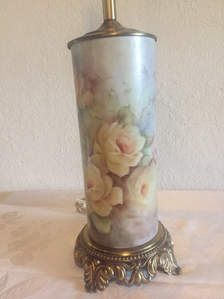Vintage Hand Painted Roses Ceramic table lamp with brass base and accents - artist signed