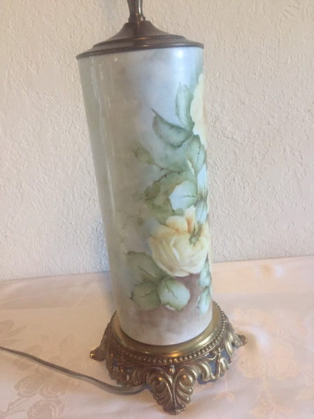 Vintage Hand Painted Roses Ceramic table lamp with brass base and accents - artist signed