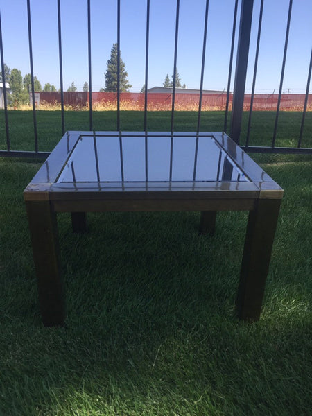 Milo Baughman Hollywood Regency Brushed Brass Side Table with bronzed Glass Mirror Top