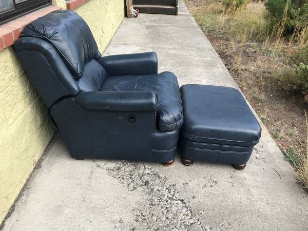 Braddington Young Blue Leather Low Wingback Recliner Chair & Ottoman