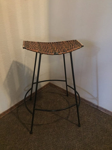 Vintage Mid Century Arthur Umanoff Wrought Iron and Woven Reed Barstool