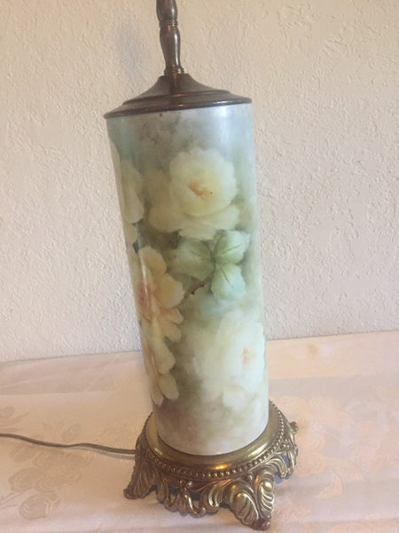 Vintage Hand Painted Roses Ceramic table lamp with brass base and accents - artist signed