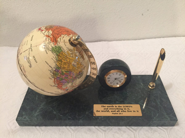 Vintage Executive Desk Set, Globe, Clock & Pen Stand with engraved Bible Verse Plaque