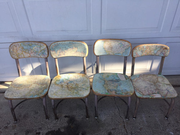 Set of 4 Mid-Century 1950's Child's School Chair Vintage School Chair Child Size Beige Metal/ Map Covered Wood Seat and Back