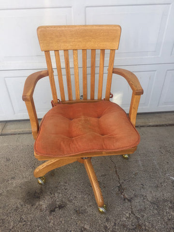 Solid Oak Vintage Office Executive Chair Antique Rolling Swivel Bankers Chair, Library Lawyer Casters