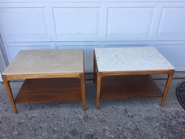 Mid Century Modern Lane Walnut and Travertine End Table Side Table