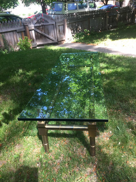 Brass Faux Bamboo Chinese Chippendale Coffee Table with 1/2" Thick Glass Table top