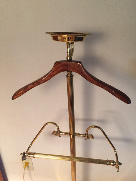 Vintage Brass Butler Valet with wood coat hanger, tie/ belt hook, pant hanger and change caddy catchall