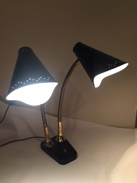 Vintage Double Black Enamel and Brass Gooseneck Desk lamp student desk lamp