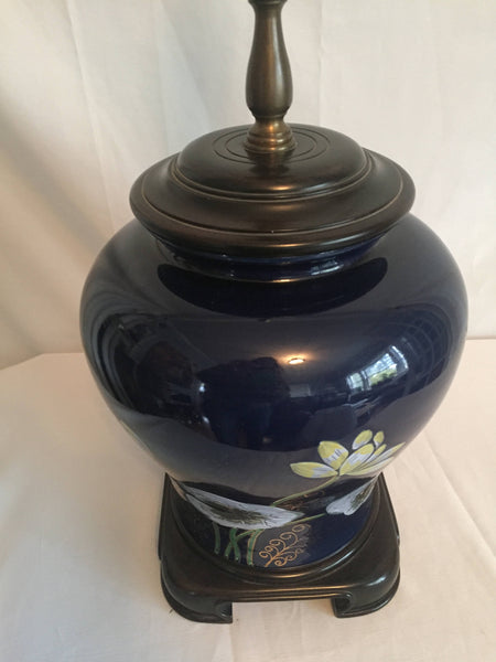 Vintage Hollywood Regency Wildwood Hand Painted Ginger Jar Lamp with waterlilies and Goldfish asian motif
