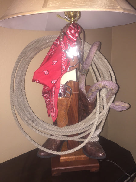 Rustic Western Country Tall Table Lamp- Cowboy boots, lasso, bandanna, rattlesnake- Unique!