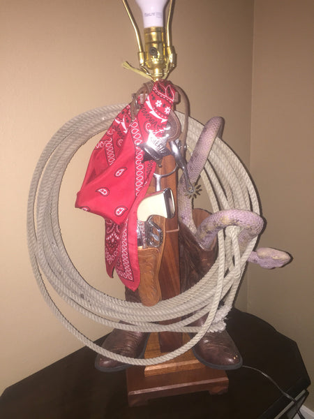 Rustic Western Country Tall Table Lamp- Cowboy boots, lasso, bandanna, rattlesnake- Unique!