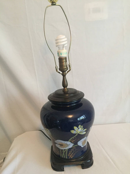 Vintage Hollywood Regency Wildwood Hand Painted Ginger Jar Lamp with waterlilies and Goldfish asian motif