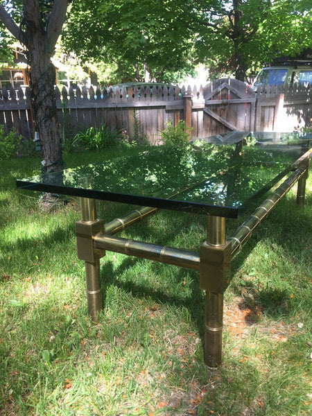 Brass Faux Bamboo Chinese Chippendale Coffee Table with 1/2" Thick Glass Table top
