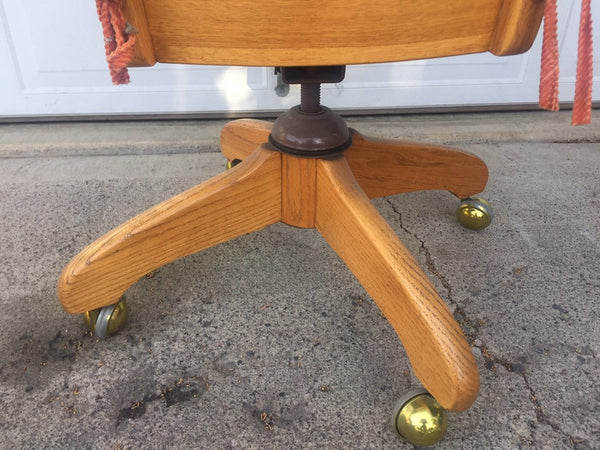 Solid Oak Vintage Office Executive Chair Antique Rolling Swivel Bankers Chair, Library Lawyer Casters
