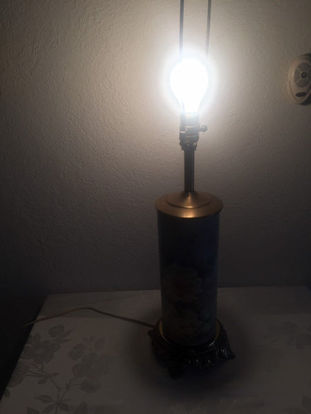 Vintage Hand Painted Roses Ceramic table lamp with brass base and accents - artist signed