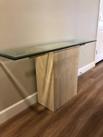 Vintage Mid Century Modern Artedi Travertine and Brass Sofa Table Console Table with Glass Top