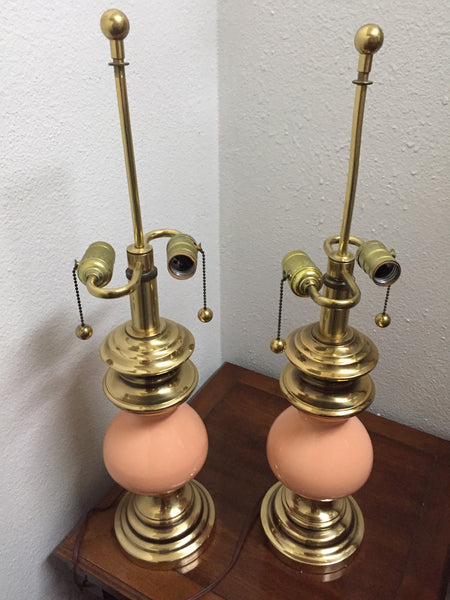 Pair of Vintage Stiffel Peach Ceramic and Brass Table Lamps with earring pull switch