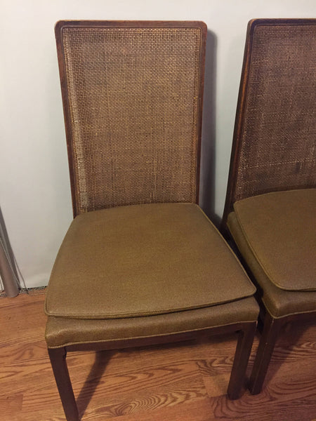 Mid Century Hollywood Regency Oak and Cane Upholstered Dining Chairs (6) style of Milo Baughman for Dillingham