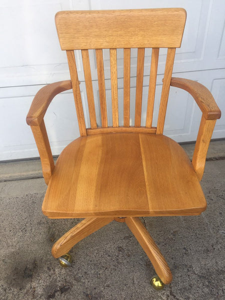 Solid Oak Vintage Office Executive Chair Antique Rolling Swivel Bankers Chair, Library Lawyer Casters