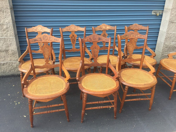 Set of 8 Antique Victorian Hip Rest Cane Seat Maple Chairs