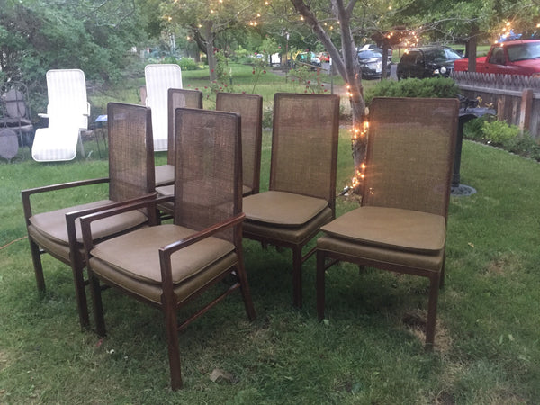 Mid Century Hollywood Regency Oak and Cane Upholstered Dining Chairs (6) style of Milo Baughman for Dillingham