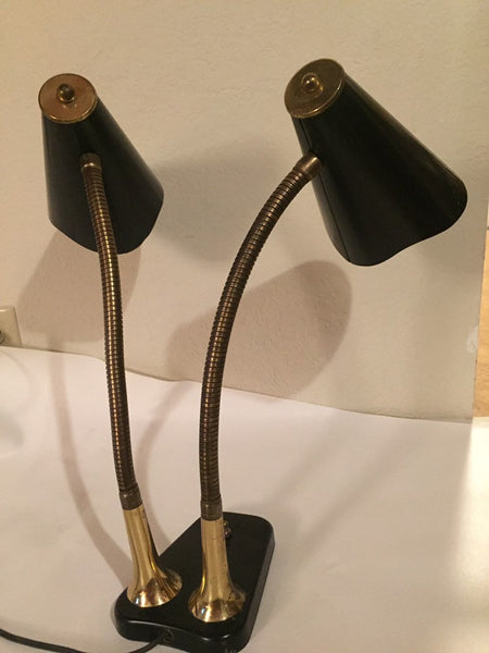 Vintage Double Black Enamel and Brass Gooseneck Desk lamp student desk lamp