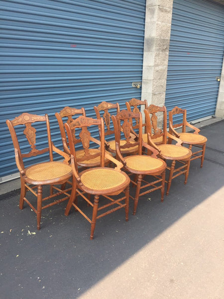 Set of 8 Antique Victorian Hip Rest Cane Seat Maple Chairs