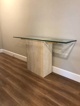 Vintage Mid Century Modern Artedi Travertine and Brass Sofa Table Console Table with Glass Top