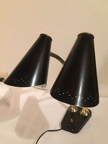 Vintage Double Black Enamel and Brass Gooseneck Desk lamp student desk lamp