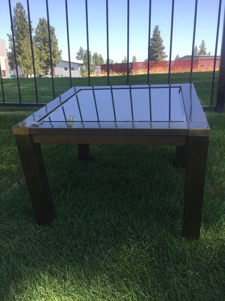 Milo Baughman Hollywood Regency Brushed Brass Side Table with bronzed Glass Mirror Top