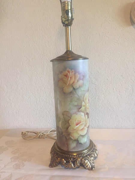 Vintage Hand Painted Roses Ceramic table lamp with brass base and accents - artist signed