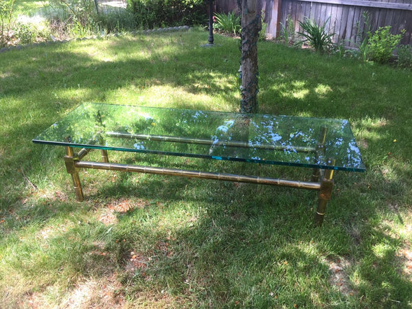 Brass Faux Bamboo Chinese Chippendale Coffee Table with 1/2" Thick Glass Table top