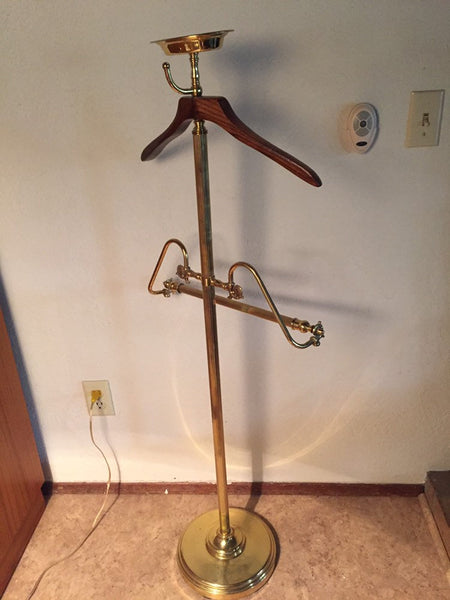 Vintage Brass Butler Valet with wood coat hanger, tie/ belt hook, pant hanger and change caddy catchall