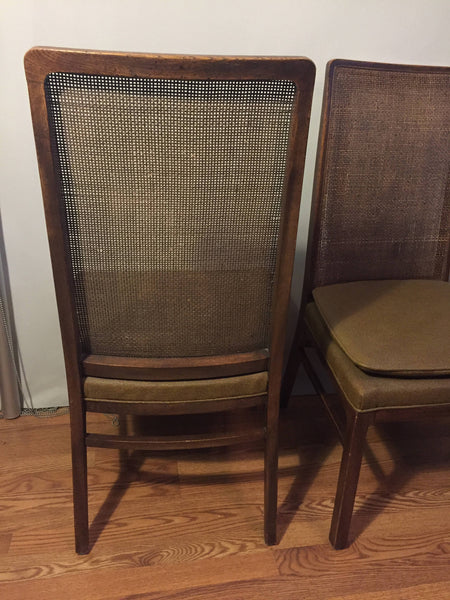 Mid Century Hollywood Regency Oak and Cane Upholstered Dining Chairs (6) style of Milo Baughman for Dillingham