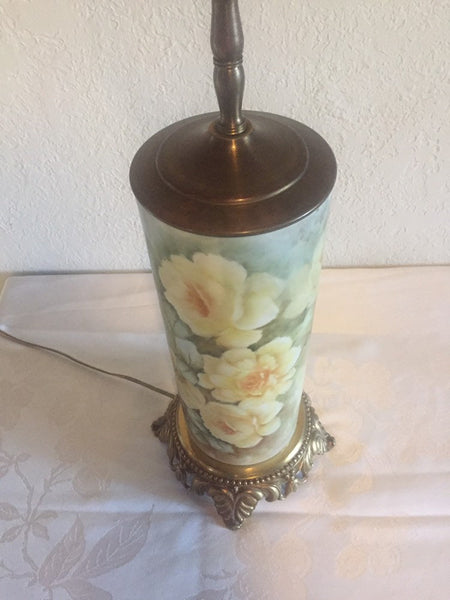 Vintage Hand Painted Roses Ceramic table lamp with brass base and accents - artist signed